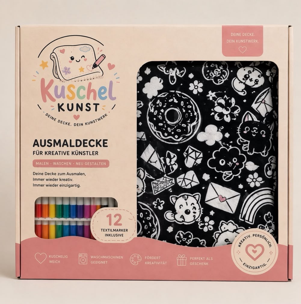 Kuschel Kunst Decke Schwarz – Kuscheldecke zum Selbst-Ausmalen, 150×125 cm